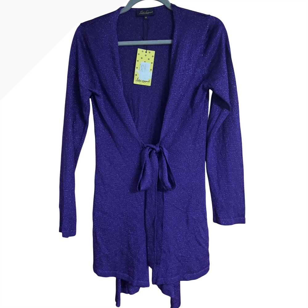 Luisa Spagnoli Purple Metallic Knit Tie Front Cardigan Size M